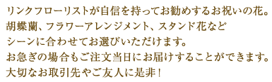 リンクフローリストが自信を持ってお勧めするお祝いの花。胡蝶蘭、フラワーアレンジメントなどご要望にお応えして柔軟に提供させていただきます。お急ぎの場合もご注文当日にお届けすることができます。大切なお取引先やご友人に是非！